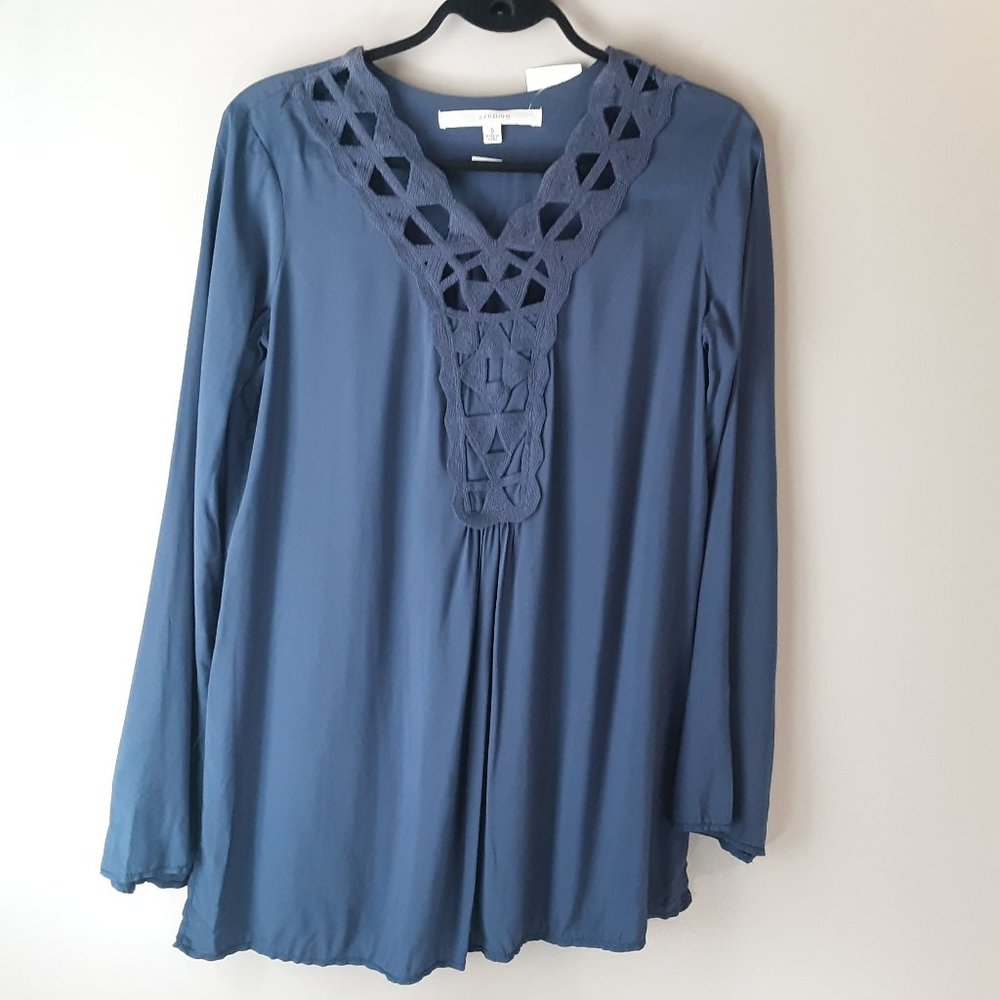 Studio M Navy Embroidered Blouse, Boho, V-neck | New! S